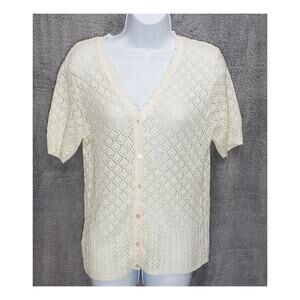 Vintage Southern Lady Cream Crochet Knit Button-Up Sweater Scalloped USA M Top